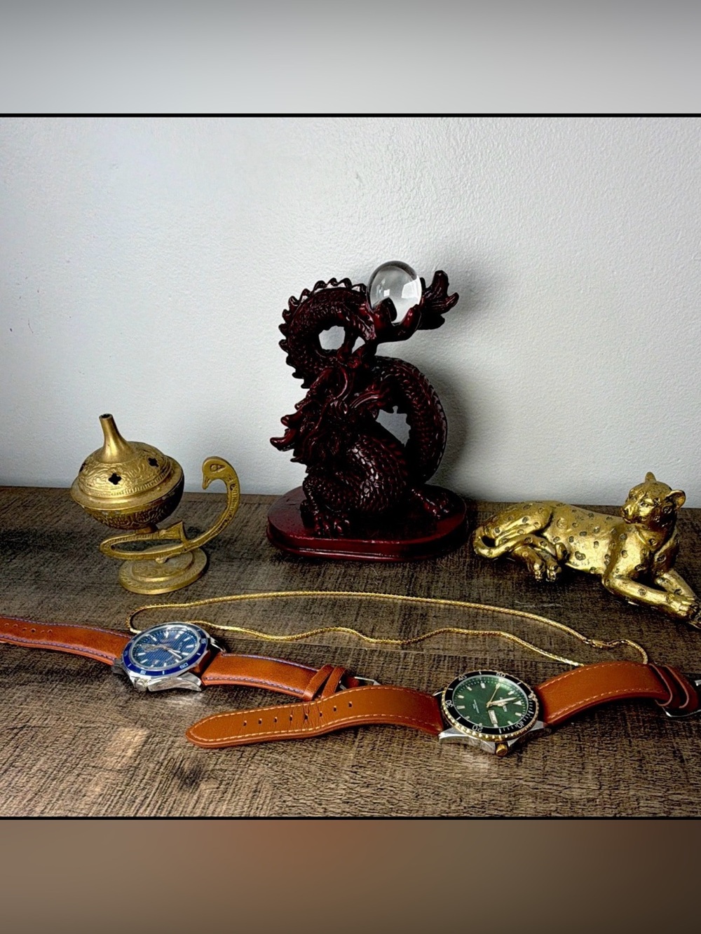 BUNDLE:Gold necklace, Egyptian Burner,Leopard, Chinese Dragon Statue, 2 Watches